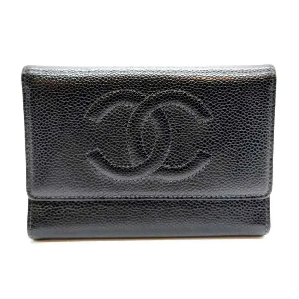 CHANEL Black Caviar Leather Logo Wallet